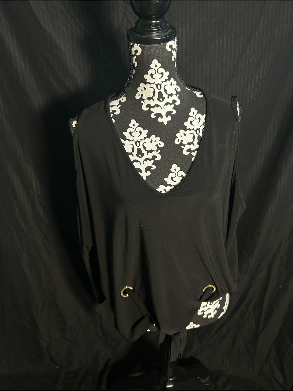 Joseph Ribkoff Black Cold-Shoulder V-Neck Top with Tie-Hem